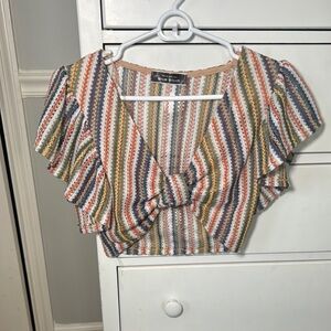 Blue Blush Red and Blue Flutter Sleeve Crop Top